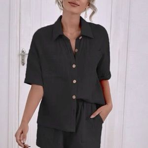 *Sold* SHEIN gauzy black button down top and short set. Size Large